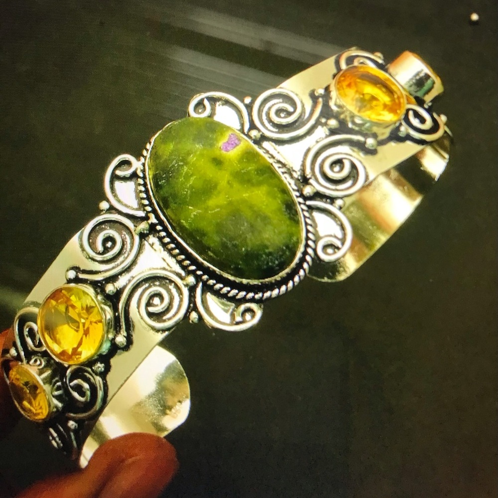 Stichtite Jasper Citrine Stamped 925 Sterling Silver Cuff Bracelet